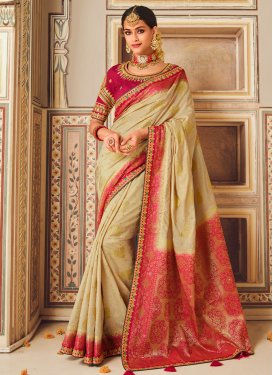 Beige and Red Embroidered Work Silk Blend Designer Contemporary Style Saree