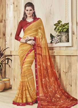 Beige and Red Faux Georgette Contemporary Style Saree