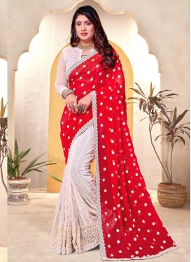 Beige and Red Half N Half Trendy Saree For Festival