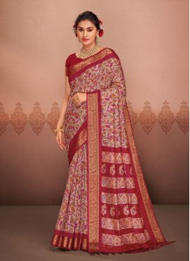 Beige and Red Print Work Designer Contemporary Style Saree