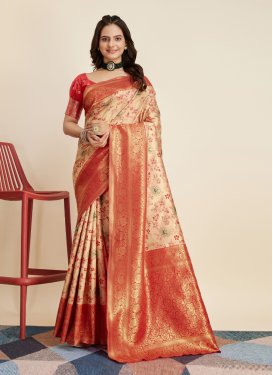 Beige and Red Woven Work Designer Traditional Saree