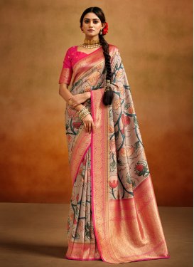 Beige and Rose Pink Banarasi Silk Designer Contemporary Style Saree