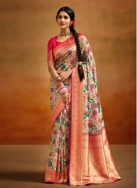 Beige and Rose Pink Banarasi Silk Designer Contemporary Style Saree For Festival