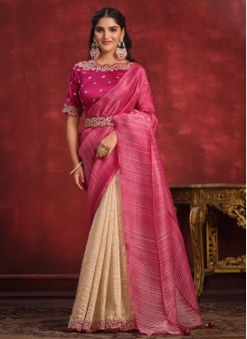 Beige and Rose Pink Fancy Fabric Half N Half Saree