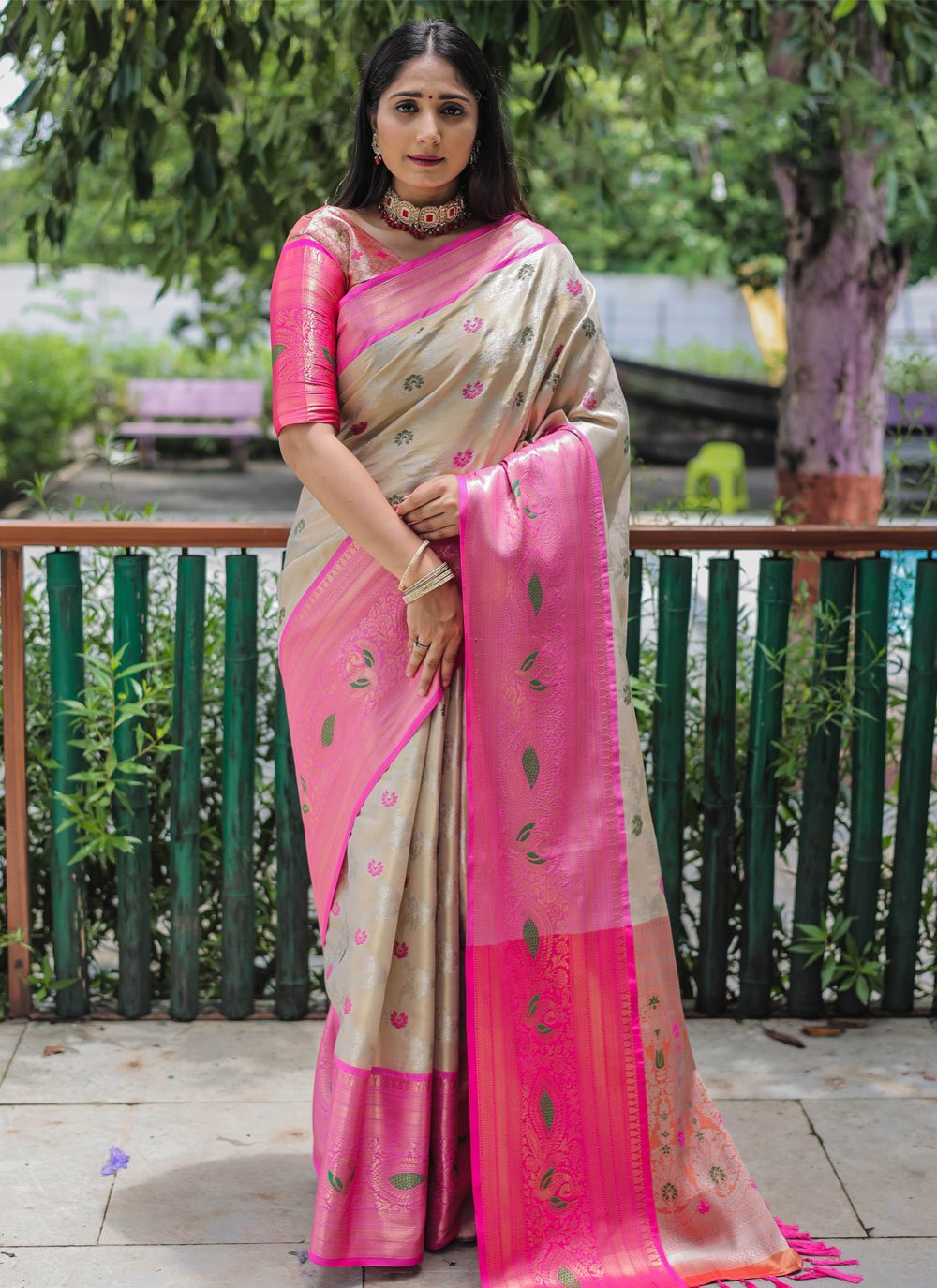 Beige and Rose Pink Kanjivaram Silk Trendy Classic Saree