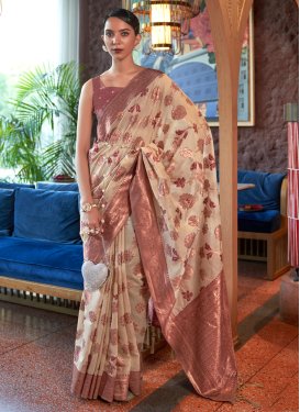 Beige and Salmon Woven Work Designer Contemporary Style Saree