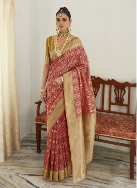 Beige and Salmon Woven Work Trendy Classic Saree