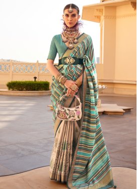 Beige and Sea Green Silk Designer Contemporary Saree