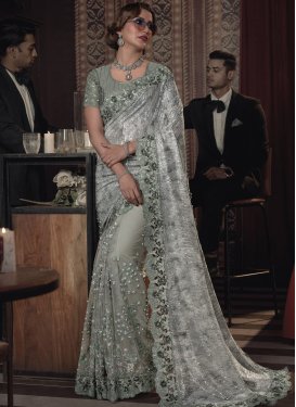 Beige and Silver Color Net Designer Contemporary Style Saree For Party