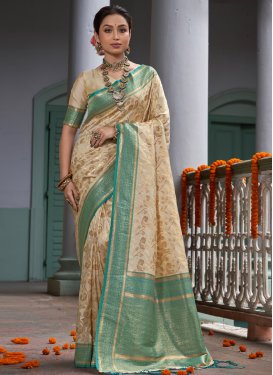 Beige and Teal Designer Contemporary Style Saree