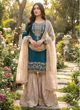 Beige and Teal Fendi Silk Embroidered Work Sharara Suit for Women