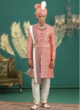 Beige and Tomato Banarasi Silk Resham Work Wedding Sherwani for Men