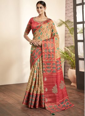 Beige and Tomato Bhagalpuri Silk Designer Contemporary Style Saree