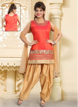 Beige and Tomato Embroidered Work Readymade Salwar Suit