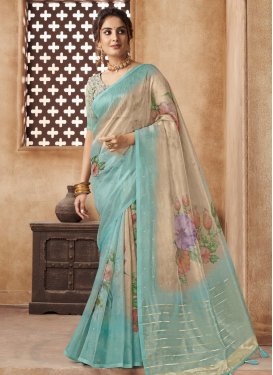 Beige and Turquoise Digital Print Work Designer Contemporary Style Saree
