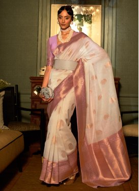 Beige and Violet Linen Contemporary Style Saree For Ceremonial