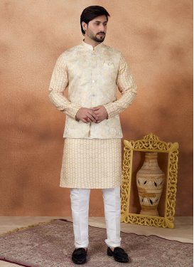 Beige and White Art Silk Digital Print Work Kurta Pajama With Jacket for Men