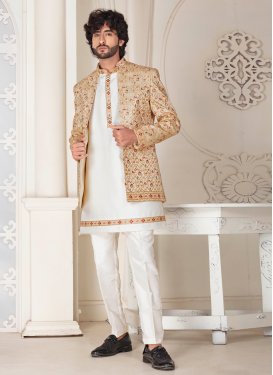 Beige and White Silk Jodhpuri Suit with Embroidered Work for Festival