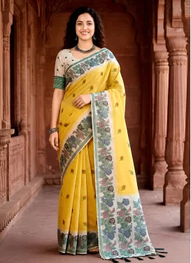 Beige and Yellow Cotton Classic Saree with Woven Work for Ceremonial