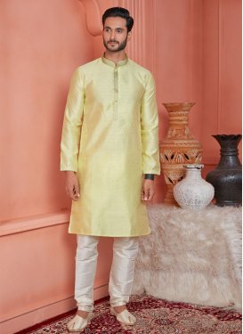 Beige and Yellow Jacquard Silk Kurta Pajama with Lace Work for Festival