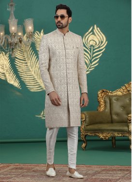 Beige Art Silk Wedding Sherwani with Embroidered Work for Ceremonial
