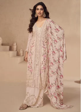 Beige Chinon Palazzo Suit with Embroidered Work for Festival