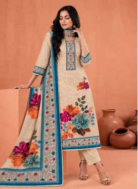 Beige Cotton Silk Beads Work Straight Suit for Women