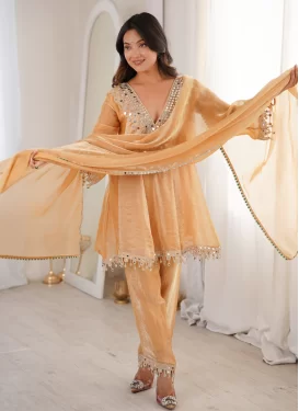 Beige Fancy Fabric Readymade Salwar Suit with Embroidered Work for Ceremonial