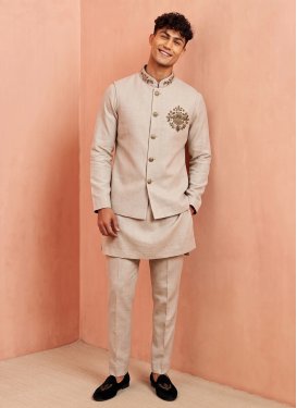 Beige Linen Beads Work Kurta Pajama With Jacket for Men