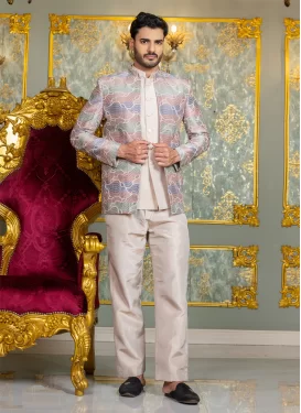 Beige Silk Embroidered Work Jodhpuri Suit for Men