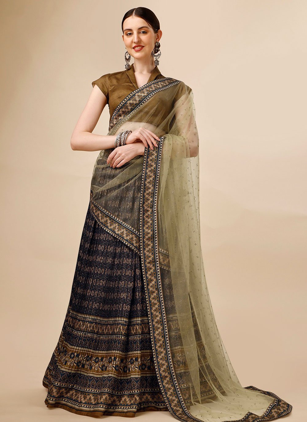 Black and Gold Tussar Silk A Line Lehenga Choli For Party