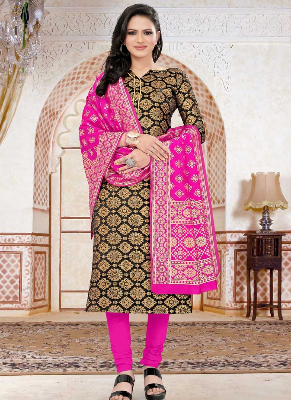 Black and Magenta Woven Work Trendy Churidar Salwar Suit