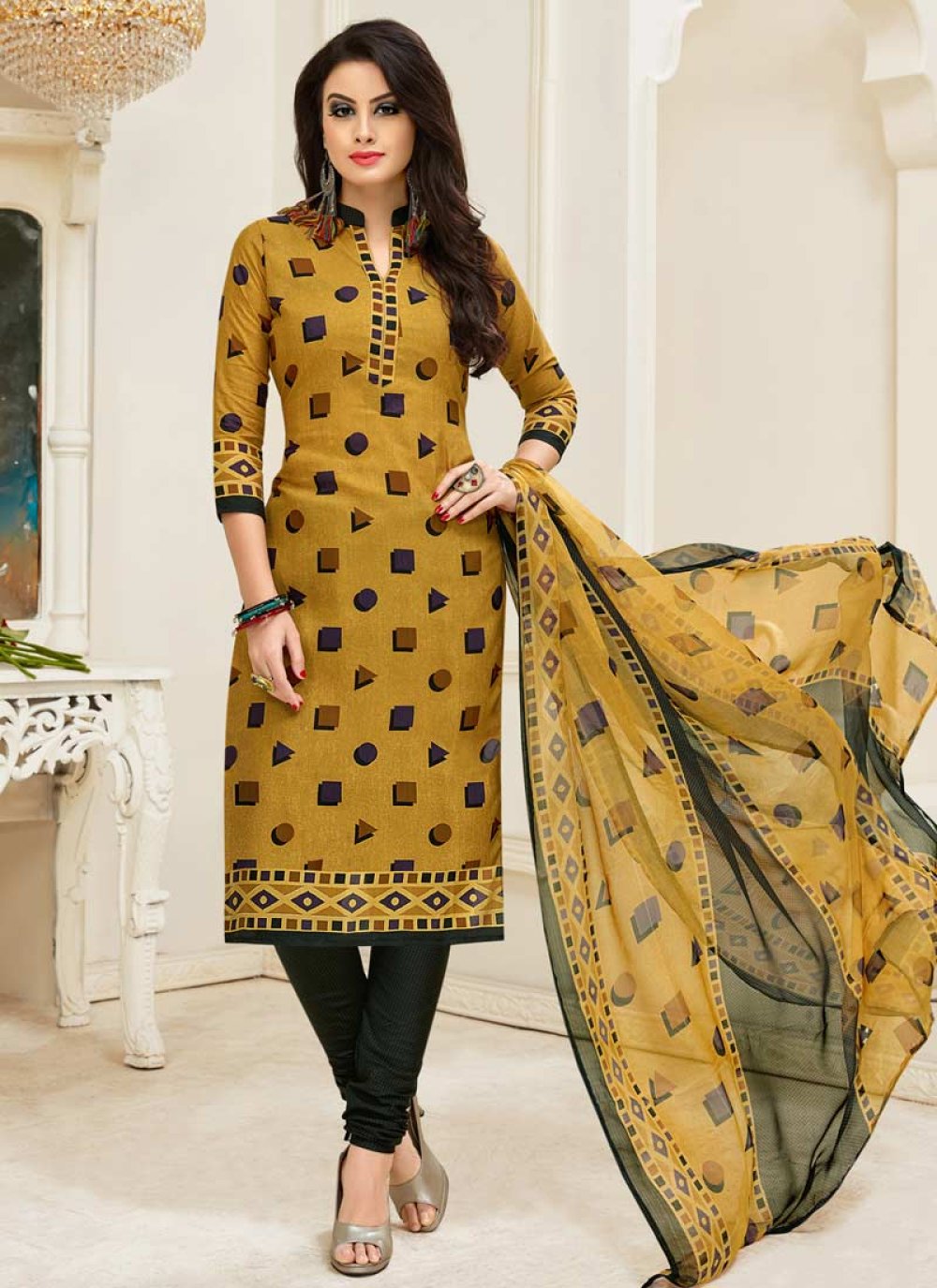 Shop Black and Mustard Cotton Churidar Salwar Suit Online