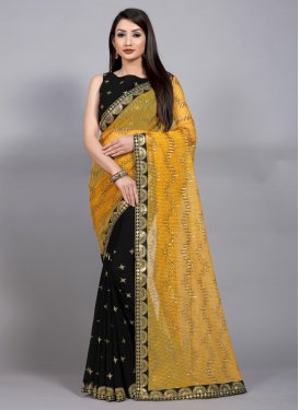 Black and Mustard Embroidered Work Traditional Designer Saree