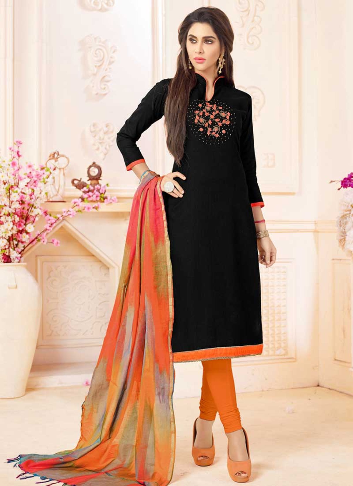 Buy Black and Orange Trendy Churidar Salwar Kameez For Ceremonial Online