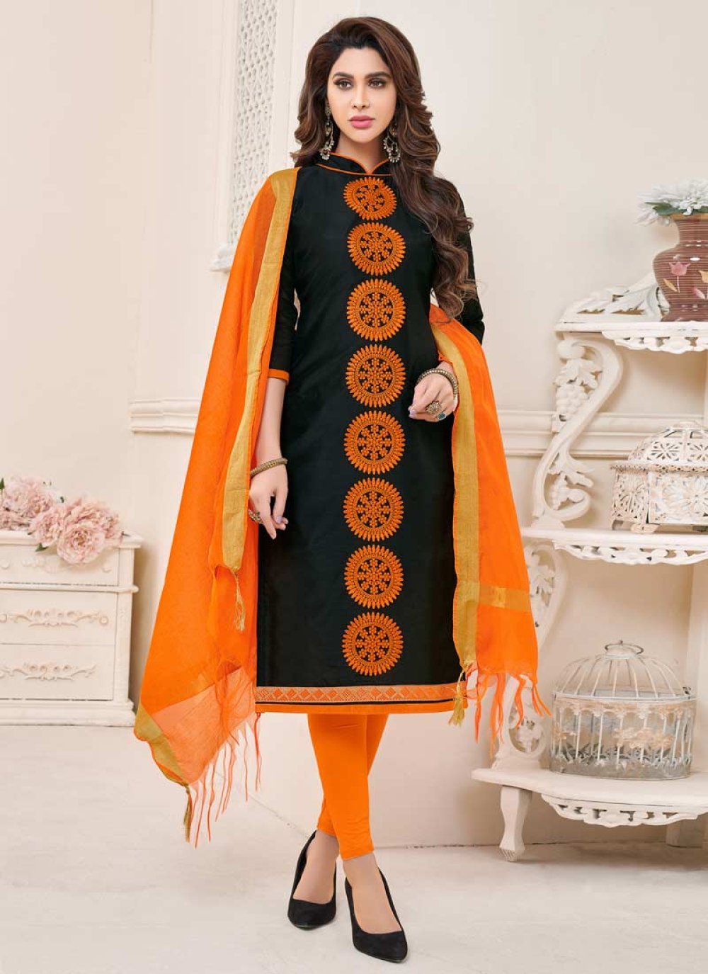 Buy Black Cotton Lucknowi work Readymade Salwar Suit Online - Salwar Kameez