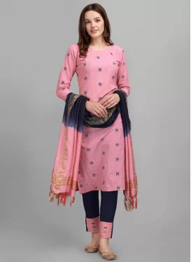 Black and Pink Cotton Readymade Salwar Suit with Woven Work for Ceremonial
