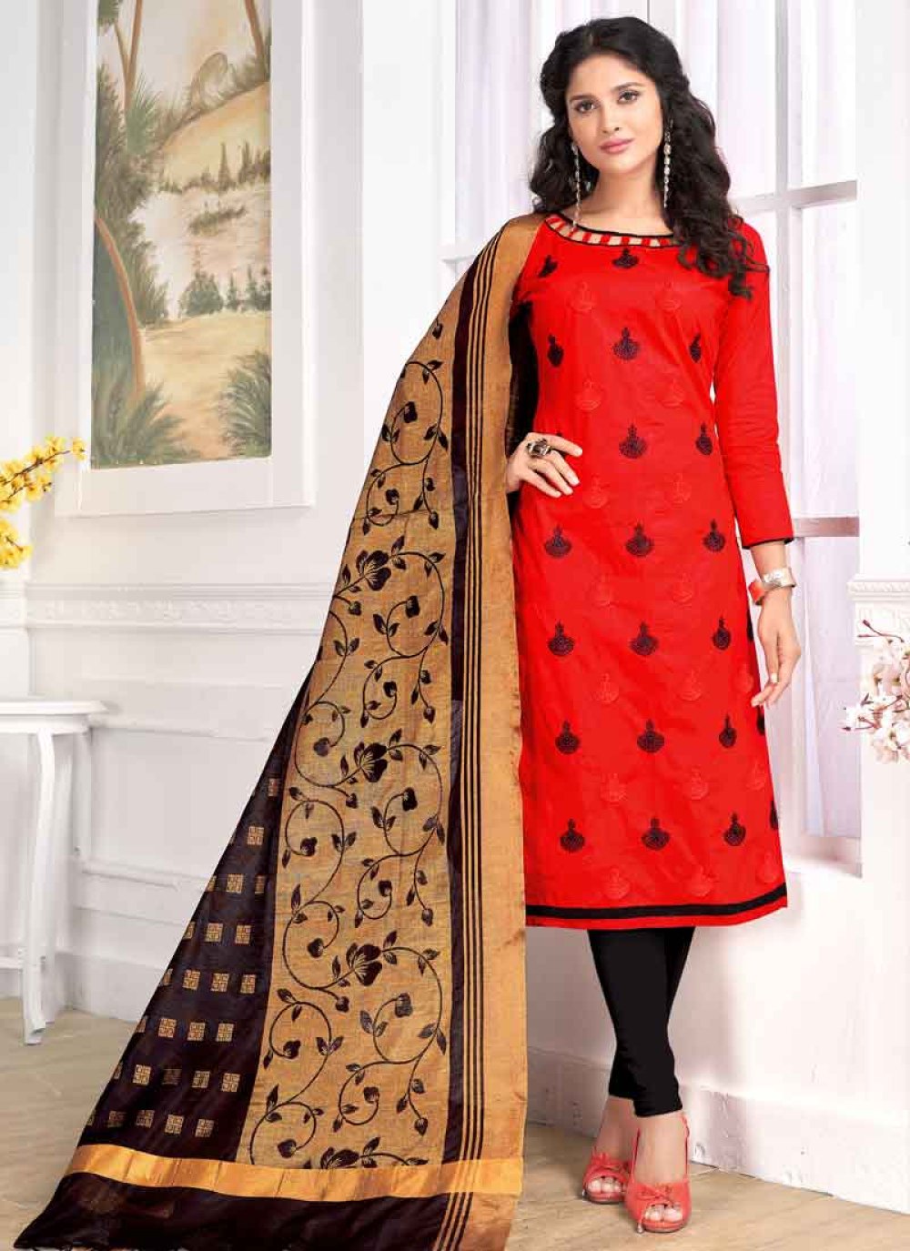 Buy Black and Red Cotton Trendy Churidar Salwar Suit Online