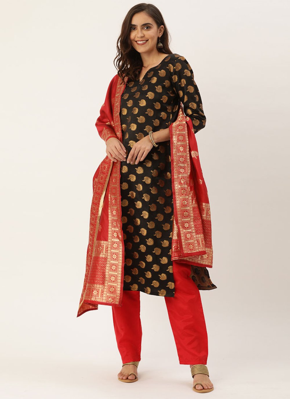 Black and Red Jacquard Pant Style Straight Salwar Suit