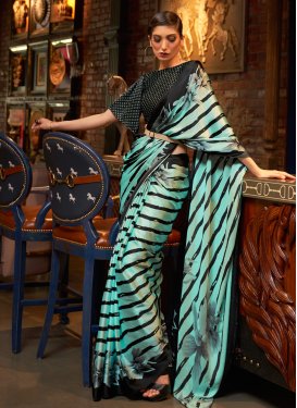 Black and Turquoise Digital Print Work Satin Silk Designer Contemporary Style Saree