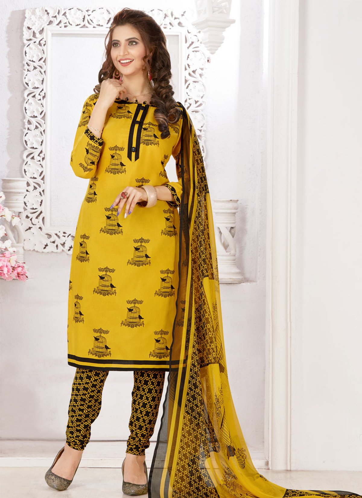 Buy Black and Yellow Churidar Salwar Suit For Casual Online Salwar Kameez