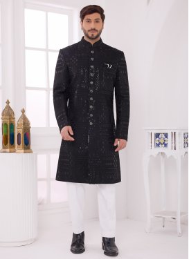 Black Art Silk Chicken Work Wedding Sherwani for Men