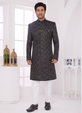 Black Art Silk Embroidered Work Wedding Sherwani for Men