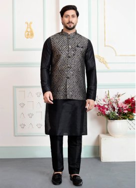 Black Art Silk Kurta Pajama With Jacket with Woven Work for Festival