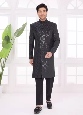 Black Art Silk Wedding Sherwani with Cutdana Work for Party