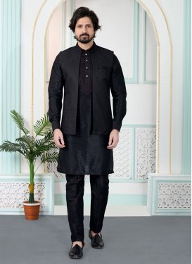 Black Art Silk Woven Work Kurta Pajama With Jacket for Men