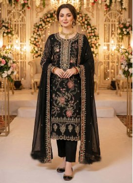Black Chiffon Straight Suit with Embroidered Work for Festival