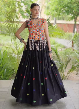 Black Cotton Readymade Lehenga Choli with Embroidered Work for Party