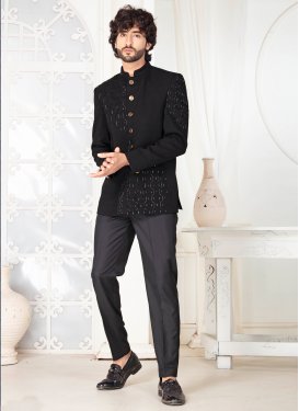 Black Fancy Fabric Jodhpuri Suit with Cutdana Work for Festival