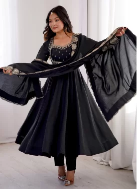 Black Silk Blend Embroidered Work Anarkali Suit for Women